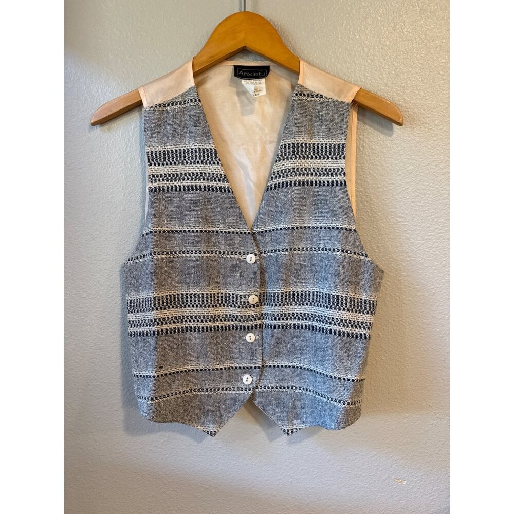 Anxiety Button Front Vest Womens Large Blue White‎ Woven Boho Vintage Waistcoat